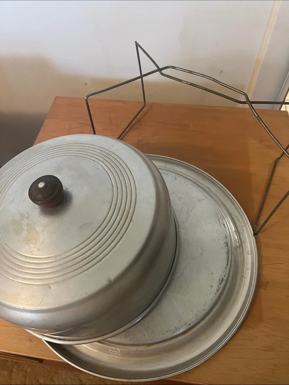 Vintage Aluminum Cake Carrier with Wire Handle - Silver